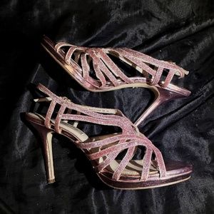Rose Gold Pink Glitter Sparkly Lace Strappy Dress Heels Size 7.5